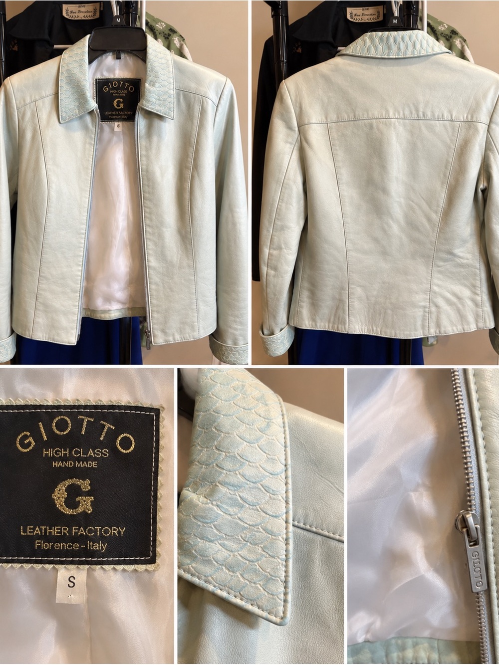 GIOTTO High Class Mint Green Leather Jacket with Textured Collar